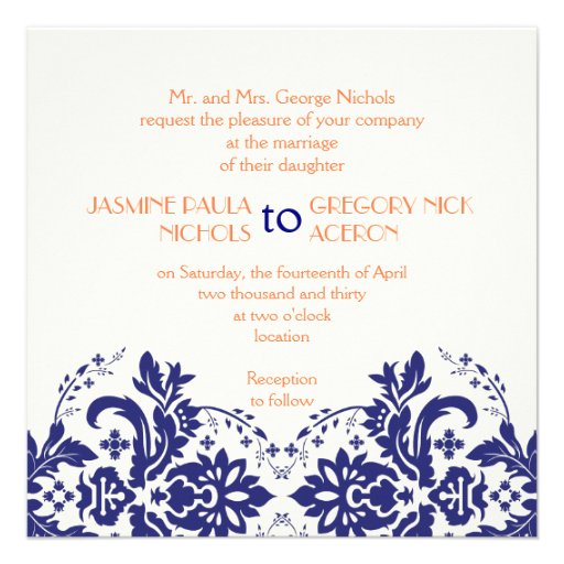 Elegant damask motif navy blue, coral wedding personalized invitation