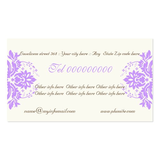 Elegant damask motif purple ivory business card template (back side)