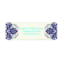 Elegant damask navy blue, aqua, ivory wedding return address labels