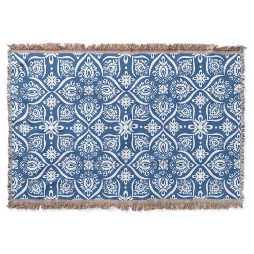 Elegant Damask Pattern | Blue And White Throw Blanket