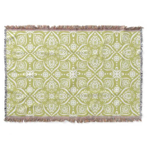 Elegant Damask Pattern | Lime Green And White Throw Blanket
