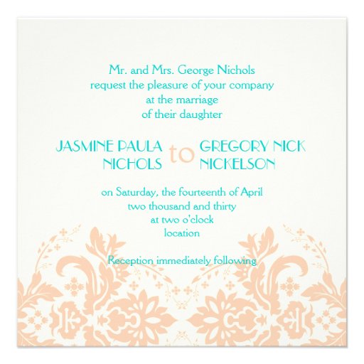Elegant damask peach, aqua, ivory wedding invitations