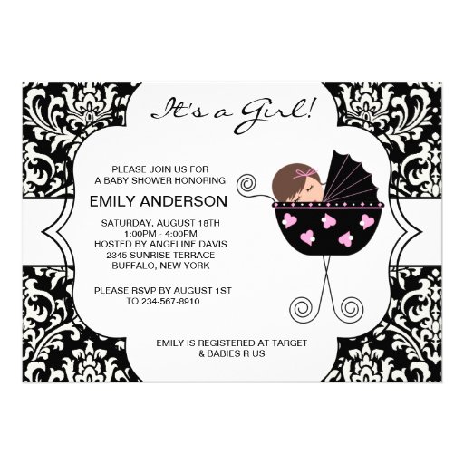 Elegant Damask Pink Black Baby Girl Shower Personalized Invite