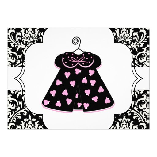 Elegant Damask Pink Black Baby Girl Shower Invitations