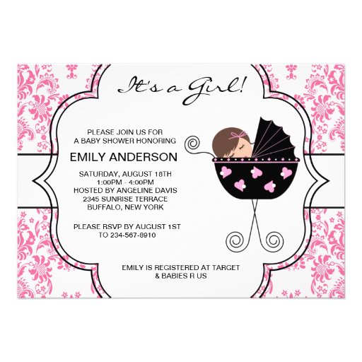 Elegant Damask Pink Black Baby Girl Shower Personalized Invite