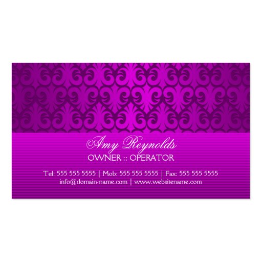 Elegant Damask Purple Silver Shimmer Business Card Template (back side)