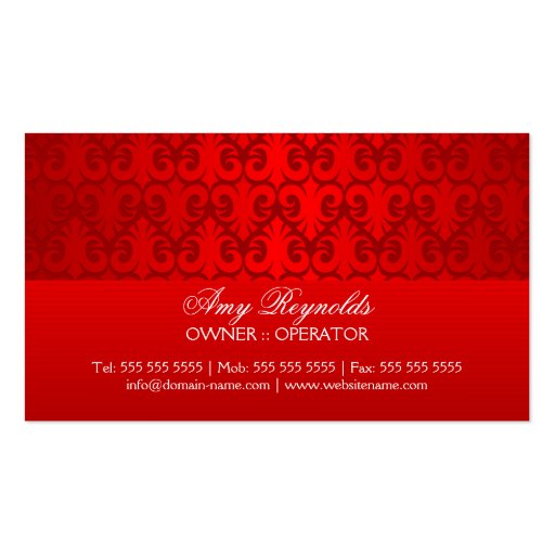 Elegant Damask Red Silver Shimmer Business Cards (back side)