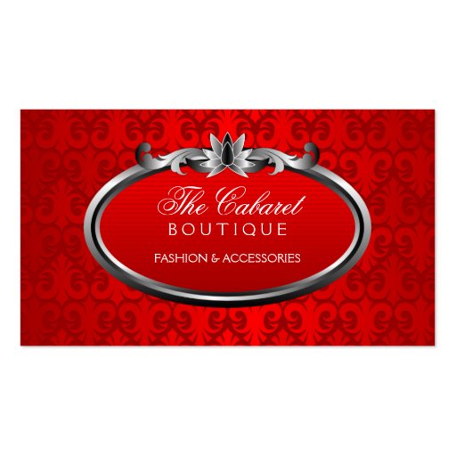 Elegant Damask Red Silver Shimmer Business Cards (front side)