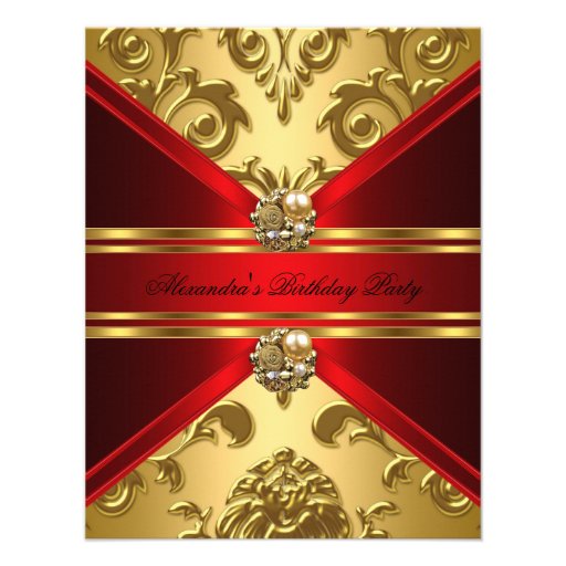 Elegant Damask Regal Red Gold Floral Birthday Personalized Invitations