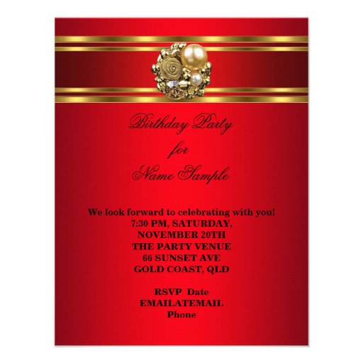 Elegant Damask Regal Red Gold Floral Birthday Personalized Invitations
