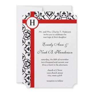 Elegant Damask Side Borders Red Trim Wedding Personalized Announcement