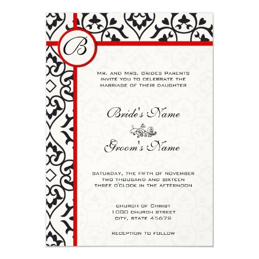 Elegant Damask Side Borders Red Trim Wedding 5x7 Paper Invitation Card ...