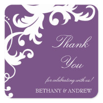 Elegant Damask Thank You Stickers//Purple Square