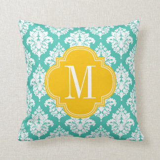 Elegant Damask Turquoise & Yellow Custom Monogramm Throw Pillows