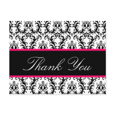Elegant Damask Wedding Thank You Card Pink Black Postcard