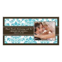 Elegant Damask Wedding Thank You Photocard: aqua Photo Card Template