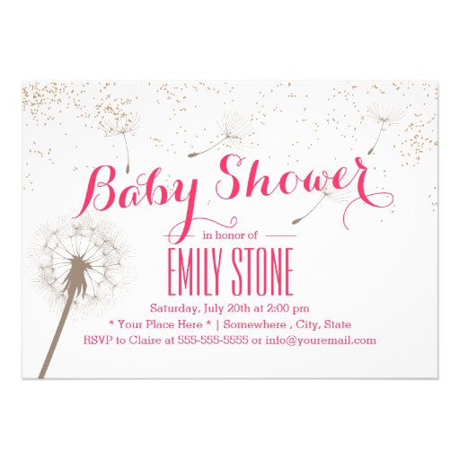 Elegant Dandelion Blowing Pink Baby Shower Personalized Invites (front side)