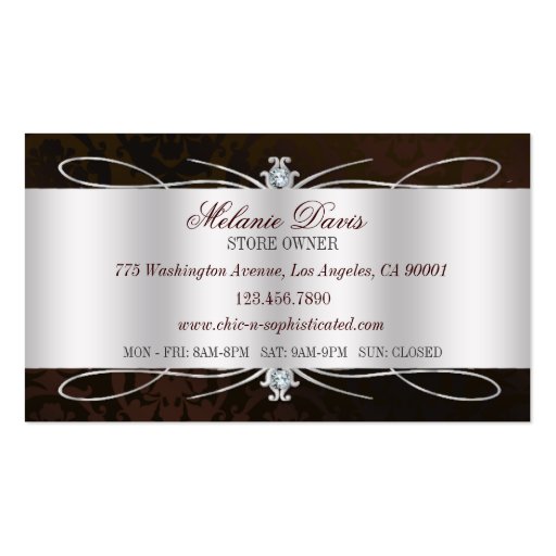 Elegant Dark Chocolate Damask Swirl Business Card Templates (back side)