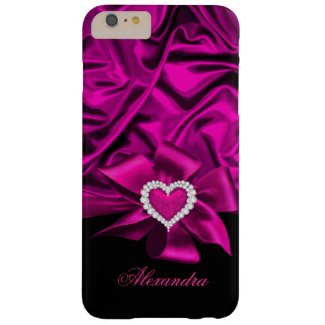 Elegant Dark Pink Silk Look Black Heart Jewel Barely There iPhone 6 Plus Case