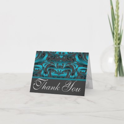 Elegant Dark Teal Damask Thank You Wedding Card by theedgeweddings