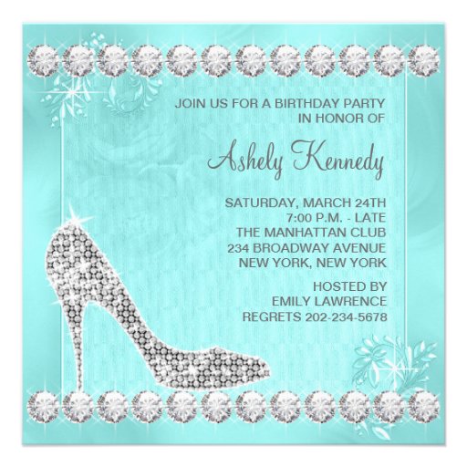 Elegant Diamond and Teal Blue Birthday Party Custom Invites