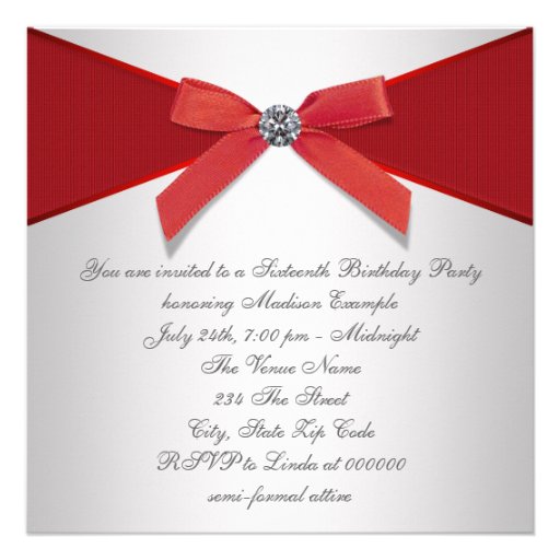 Elegant Diamonds Red Sweet 16 Birthday Party Announcement