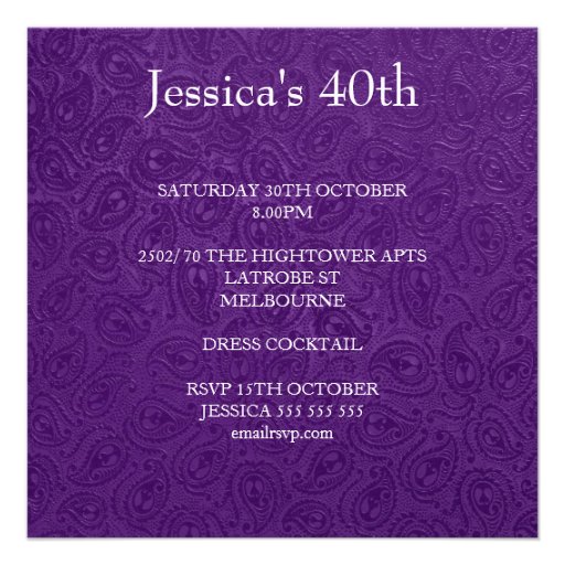 Elegant Embossed Purple Paisley White Party Announcements