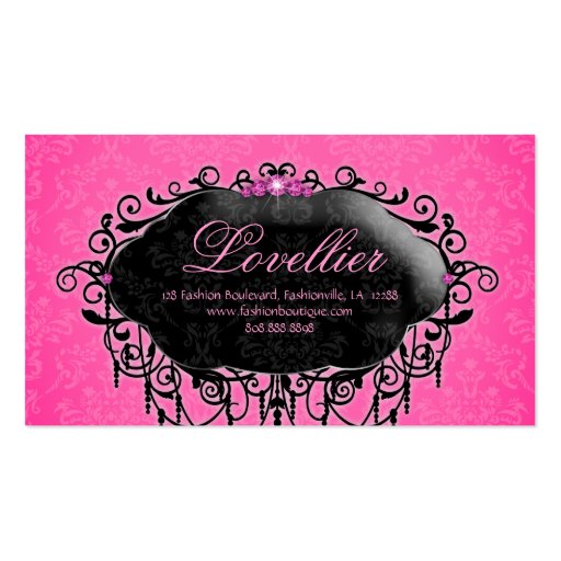 Elegant Fashion Jewelry Pink Black Damask Business Card (front side)