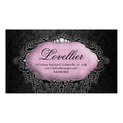Elegant Fashion Jewelry Pink Gray Damask Business Card (front side)