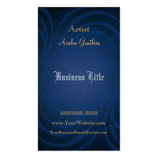 Elegant Fashionista Blue Swirl Business Cards (front side)