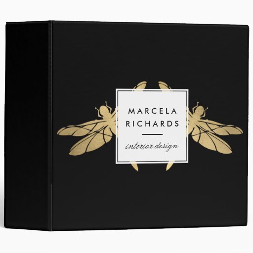 Elegant Faux Gold Dragonfly Duo on Black Binder Zazzle