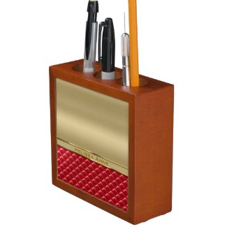Elegant Faux Metallic Gold Quilted Red Leather Pencil/Pen Holder