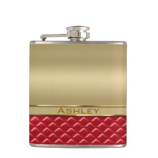 Elegant Faux Metallic Gold Quilted Red Leather Hip Flasks
