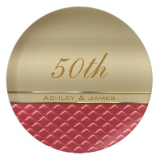 Elegant Faux Metallic Gold Quilted Red Leather Party Plate