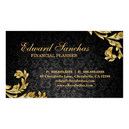 Elegant Financial Planner Gold Leaf Black Gray Business Card Template (back side)