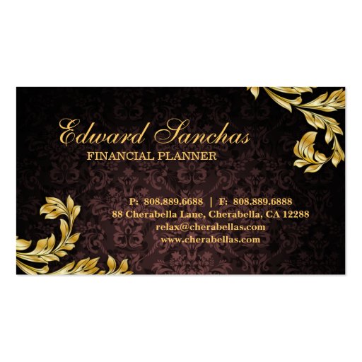 Elegant Financial Planner Gold Leaf Brown Business Card Templates (back side)