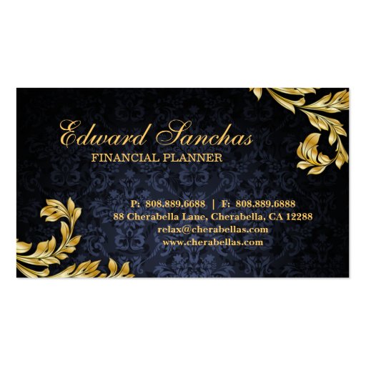 Elegant Financial Planner Gold Leaf Navy Blue Business Card Template (back side)