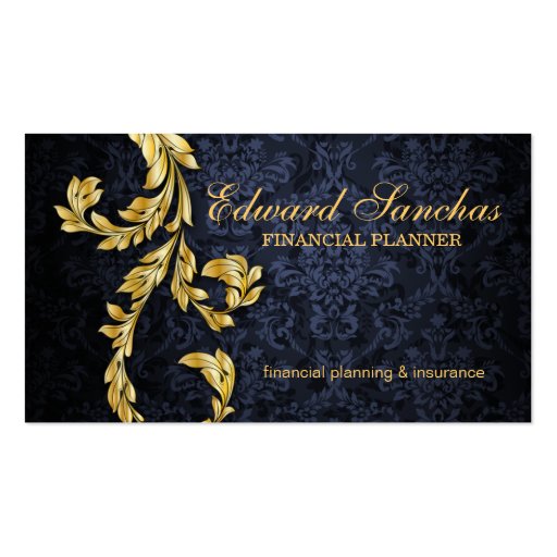 Elegant Financial Planner Gold Leaf Navy Blue Business Card Template (front side)
