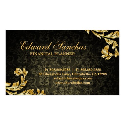 Elegant Financial Planner Gold Leaf Olive Green Business Card (back side)
