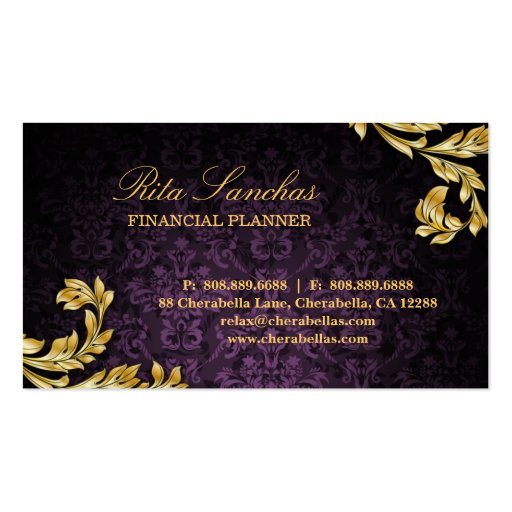 Elegant Financial Planner Gold Leaf Purple Business Cards (back side)