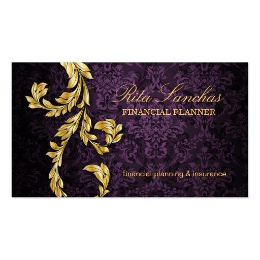 Elegant Financial Planner Gold Leaf Purple Business Cards (front side)