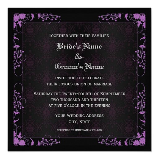 Elegant Floral Black and Purple Damask Wedding Invites