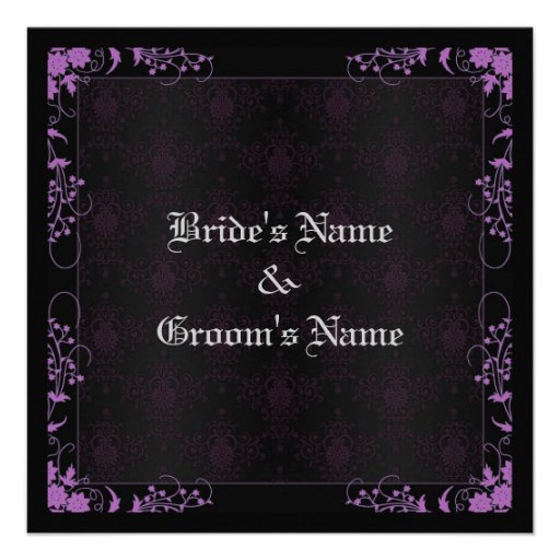 Elegant Floral Black and Purple Damask Wedding Invites