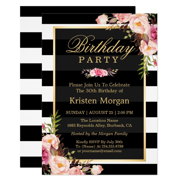 Elegant Floral Black White Stripes Birthday Party Card
