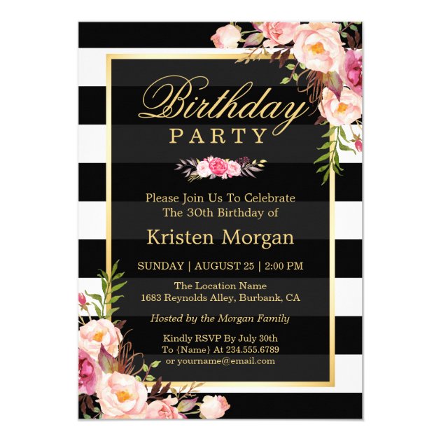 Elegant Floral Black White Stripes Birthday Party Card
