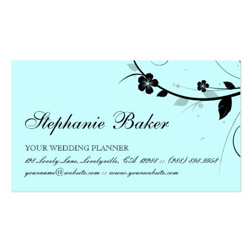 Elegant Floral Business Card Black & White Blue 3 (back side)