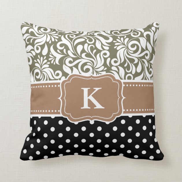 Elegant Floral Damask Polka Dots Tan Monogram Throw Pillow