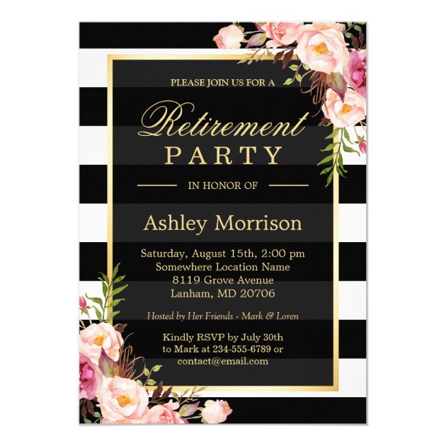 Elegant Floral Gold Black Stripes Retirement Party Card (front side)