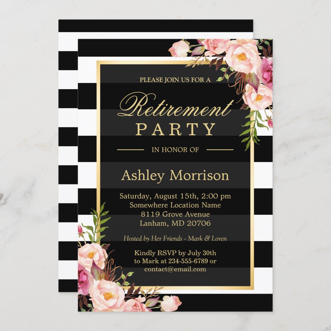 Elegant Floral Gold Black Stripes Retirement Party Invitation Zazzle