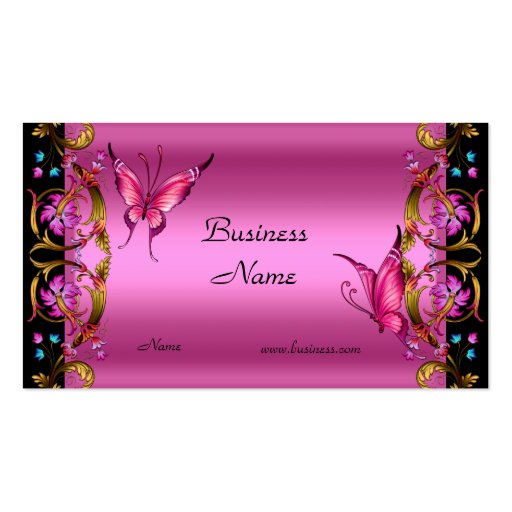 Elegant Floral Gold Pink Black Butterfly Business Card Template (front side)